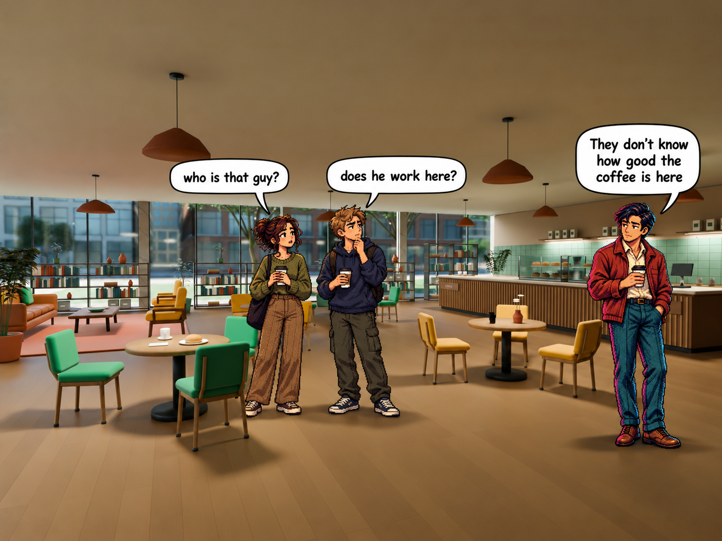 Nik’s fictional café scene: two people ask who Owen is and whether he works here; Owen thinks, ‘They don’t know how good the coffee is here.’
