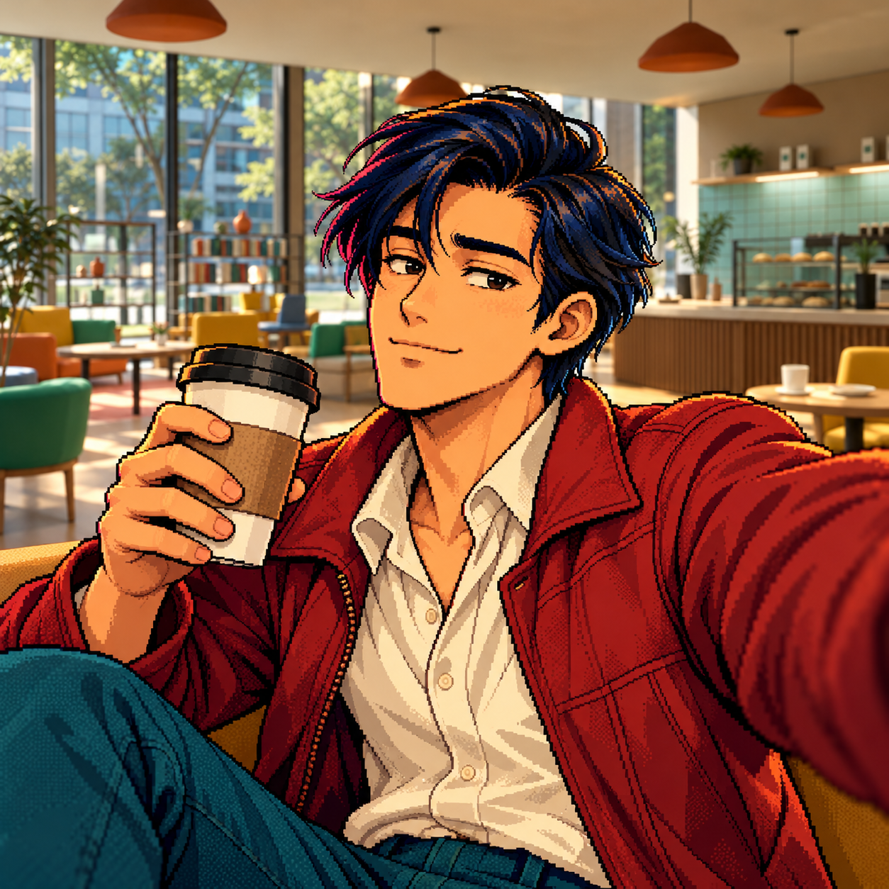 New fictional Owen selfie: the red-jacketed coffee superfan raises his cup in the café.
