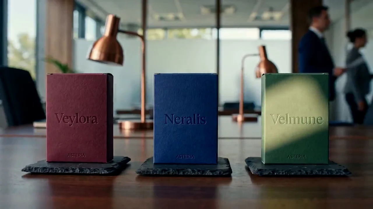From the Asteria company film: burgundy Veylora, navy Neralis and green Velmune cartons, from left to right.