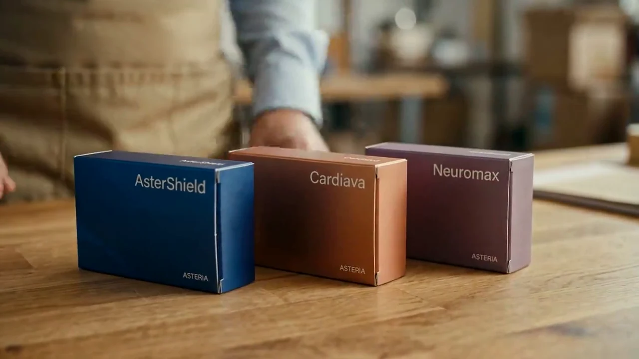 From the Asteria company film: navy AsterShield, copper Cardiava and plum Neuromax cartons, from left to right.